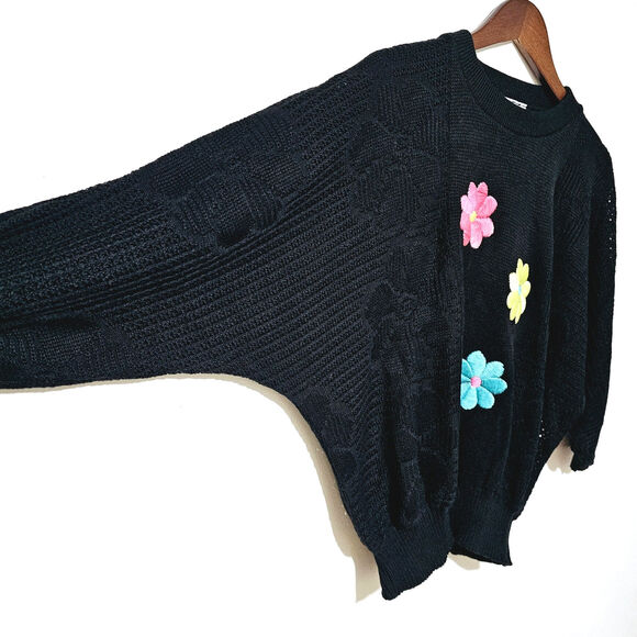 Vintage Bay Point Threads Sweater Size XL Black Embroidered Flowers Casual Retro - Picture 3 of 7
